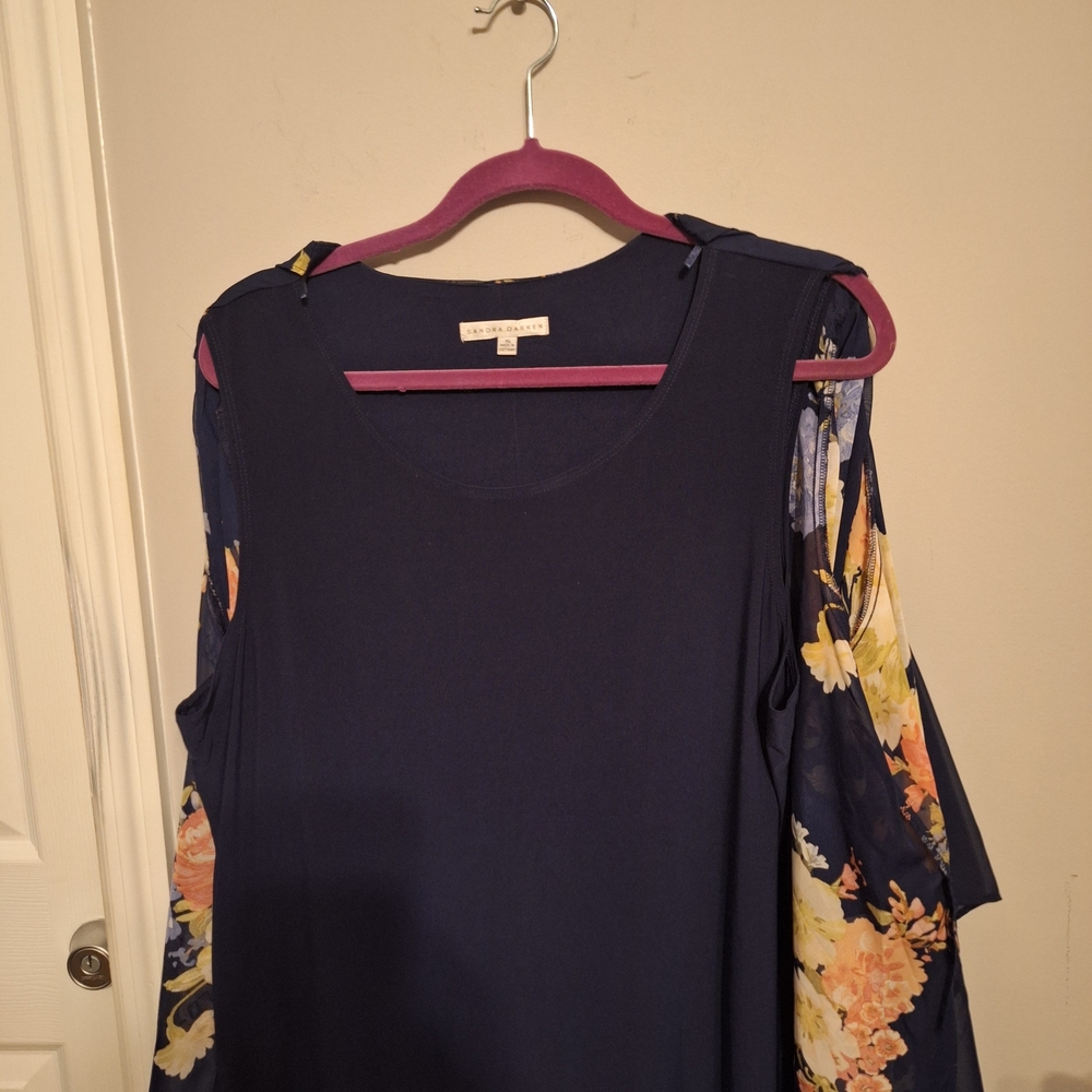 Sandra Darren Navy Dress with Floral Kimono Style Sheer Jacket - Picture 4 of 16